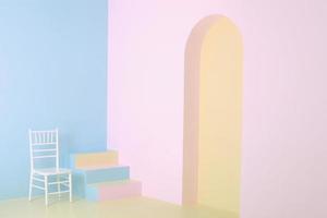 fundo colorido de cores pastel, canto de casa minimalista com escada e cadeira de madeira branca, fotografia de arte foto