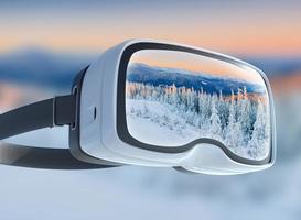 fone de ouvido de realidade virtual, dupla exposição, paisagem majestosa de montanhas de inverno foto