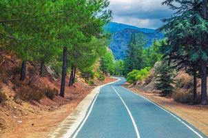 estrada serpentina de asfalto na cordilheira de troodos com cerca e árvores na estrada foto