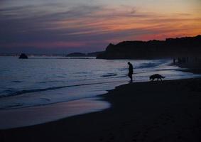 portugal, algarve, as melhores praias de portimão, praia da rocha, pôr do sol dourado lilás sobre as ondas do oceano atlântico foto