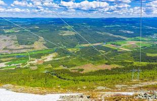 poste de energia e panorama noruega hemsedal com nevado nas montanhas. foto