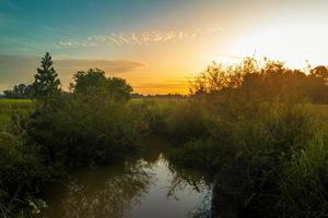 pôr do sol rural com riacho e árvores foto