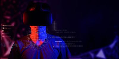 óculos de realidade virtual. realidade aumentada, jogo, conceito de tecnologia do futuro. vestido futurista do mundo simulado do metaverse postura corporal do vr foto