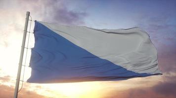 bandeira de zurique, suíça, balançando ao vento, céu e sol de fundo. renderização em 3D foto