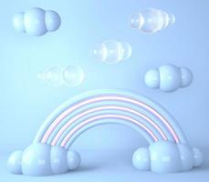 arco-íris com nuvens em fundo pastel, renderização 3d foto