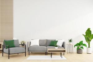 sala minimalista com sofá e poltrona, mesa de centro e mesa lateral, parede branca e planta verde. renderização em 3D