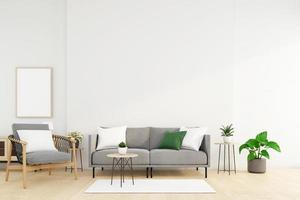 sala minimalista com sofá e poltrona, parede branca e planta verde. renderização em 3D foto