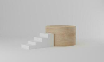 renderização 3D. fundo mínimo abstrato, escadas brancas com pódio de cilindro de madeira no fundo branco foto