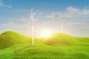 renderização 3D. paisagem com turbina eólica em campo verde sobre fundo de céu azul. conceito ambiental de ecologia. foto