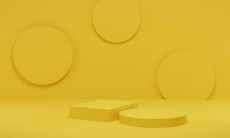 renderização 3D. fundo mínimo da plataforma do cilindro amarelo. pódio de formas geométricas abstratas para apresentação de produtos de exibição. foto