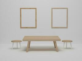 simular moldura na sala de jantar com mesa e cadeiras de madeira. design de sala de jantar de cena mínima abstrata. renderização 3D, ilustração 3D foto