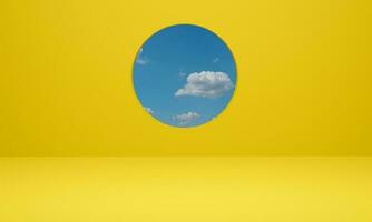 renderização 3D. cena de fundo amarelo abstrato geométrica mínima com céu azul de nuvem. foto