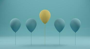 excelente balão amarelo entre balão azul sobre fundo azul. conceito de diferente e se destacar da multidão. renderização em 3D foto