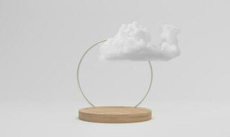 renderização 3D. pódio de madeira com nuvem em fundo branco. cena mínima abstrata com geométrico. foto