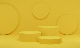 renderização 3D. fundo de estúdio mínimo de pódio de cilindro amarelo. plataforma de forma geométrica abstrata com espaço vazio. foto