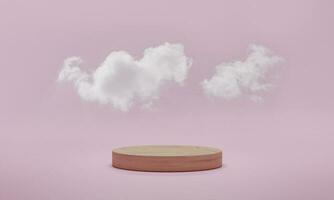 renderização 3D. cena de pódio mínima com nuvem em fundo rosa pastel. plataforma abstrata com pódio cilíndrico, expositor de produtos. foto