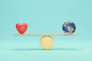 globo da terra vs coração na ilustração 3d de escalas. equilíbrio na escala de amar o mundo. elementos desta imagem fornecidos pela nasa foto