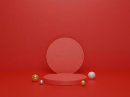 pódio de forma geométrica sobre fundo vermelho. plataformas para apresentação de produtos, simulação de fundo. composição abstrata em design minimalista. renderização 3D. foto
