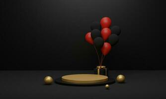 preto, pódio dourado e caixa de presente preta com balão. fundo mínimo de produto para natal, ano novo e conceito de evento de venda. renderização 3D foto
