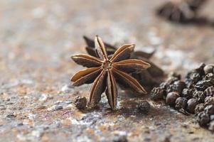 especiarias e ervas. alimentos e ingredientes culinários. estrelas de anis e pimenta preta em plano de fundo texturizado foto