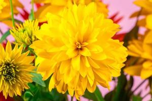 buquê de verão flores amarelas e vermelhas sobre fundo brilhante. foto