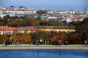 viena e outono colorido com turistas foto