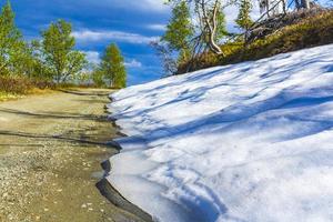 derretimento da neve na estrada rua na montanha hemsedal noruega. foto