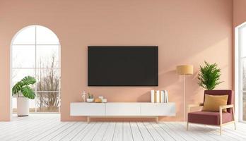 sala minimalista com armário de tv e poltrona, parede laranja claro e piso de madeira branca. renderização em 3D foto