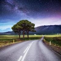 estrada de asfalto e árvore solitária sob um céu noturno estrelado e a via láctea foto