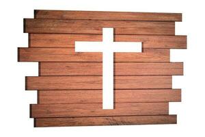 prancha de madeira com forma de cruz de símbolo de religião cristã dentro, isolado no fundo branco. foto