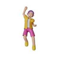 homem vestindo calça roxa de camisa amarela pulando as mãos feliz vitória no pano de fundo branco. ilustração de renderização 3D foto