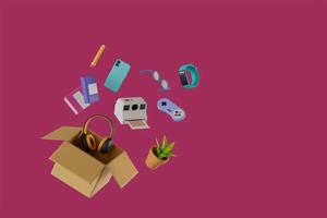 caixa com mercadorias espalhadas, fones de ouvido, vaso de planta, câmera polaroid, gamepad, relógio inteligente, óculos, smartphone, livro, lápis, caderno em fundo roxo, ilustração 3d render foto