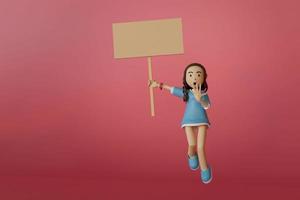 garota retrato vestindo camisa azul de grandes dimensões, chocado, animado, olhando em linha reta, segurando um cartaz em branco, pulando no fundo rosa. ilustração de renderização 3D foto