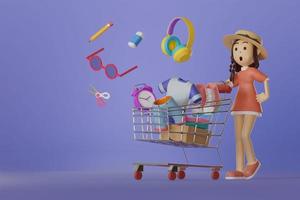 menina retrato, carrinhos de compras mercadorias espalhadas fones de ouvido tesoura camisa, sapatos, chapéu, camisa rosa de grandes dimensões em um fundo roxo, ilustração de renderização 3dcalças, caixa, sapatos, chapéu, overs rosa foto