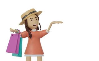 retrato de uma mulher vestindo um chapéu e uma camisa rosa de grandes dimensões. sorriso fofo. segurando 2 sacolas de compras. estenda as mãos. apresentar seus produtos. anúncio. bandeira. ilustração de renderização 3D. foto