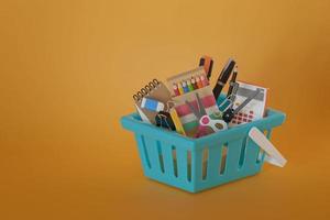 cesta de compras, itens no, em um fundo laranja, ilustração 3d foto