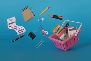 cesta de compras, itens dispersos, artigos de papelaria, contas, caneta marcador, sobre um fundo azul, ilustração de renderização 3d foto