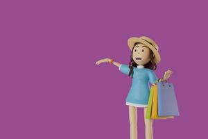 menina retrato sorrindo, fofo, espalhando as mãos, dando produtos, presentes, anúncios, banners, segurando sacolas de compras em um fundo roxo. ilustração de renderização 3D foto