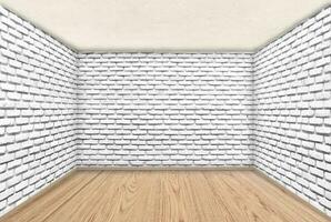 interior do quarto vazio e decoração de parede de tijolo branco, com piso de madeira foto