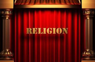 palavra de religião dourada na cortina vermelha foto