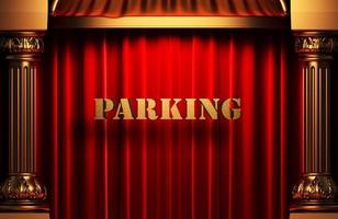 palavra dourada de estacionamento na cortina vermelha foto