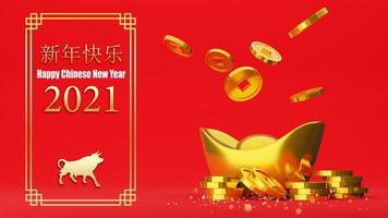 feliz ano novo chinês com moedas de ouro e lingote de ouro chinês sobre fundo vermelho, renderização em 3d foto