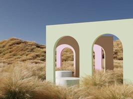 pódio no campo de grama natural com ilustração de renderização 3d de parede de arco