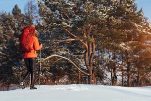 viajante de mulher com mochila caminhadas viagens estilo de vida aventura conceito férias ativas ao ar livre. bela paisagem floresta foto