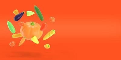 legumes voando sobre um fundo de cor vermelha. abóbora, milho, pimenta, berinjela, abobrinha, tomate em estilo cartoon. uma ilustração vívida de uma colheita de outono madura. 3D renderizado foto