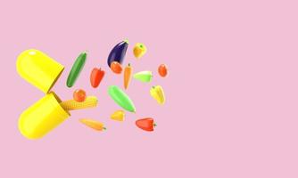 legumes frescos voam para fora da pílula. ilustração conceitual de suplementos nutricionais com espaço vazio para texto. renderização 3D. foto