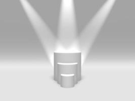 pódio, pedestal ou plataforma de cor branca iluminada por holofotes em fundo branco. ilustração abstrata de formas geométricas simples. renderização 3D. foto