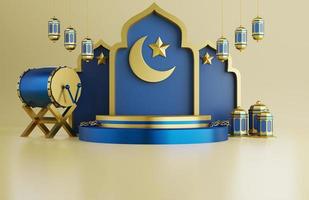 fundo de saudação do ramadã islâmico com tambor tradicional 3d, estrela, lanternas árabes e ornamento de mesquita foto