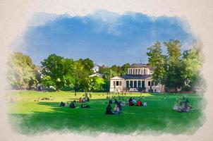 desenho em aquarela de jovens de bonn descansando no gramado do jardim de hofgarten com fundo de construção de museu de arte acadêmica