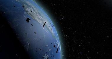 detritos espaciais flutuando na órbita do planeta Terra. satélites antigos, foguetes de apoio, peças de metal são uma ameaça porque podem colidir com os novos satélites. ilustração 3D foto